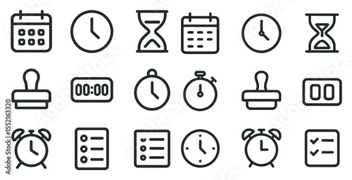 Time management line icons set – clocks, schedules, and calendar symbols