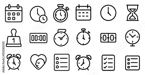 Time and clock icons set – outline, solid, schedules, and timers symbols