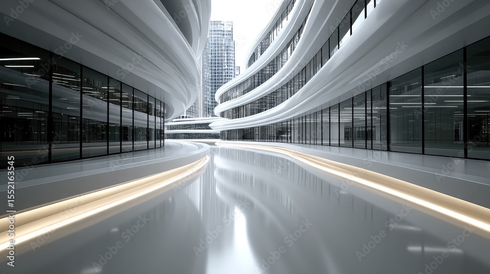 Modern White City Architecture with Reflective Surfaces and Curving Lines Modern White City Architecture with Reflective Surfaces and Curving Lines