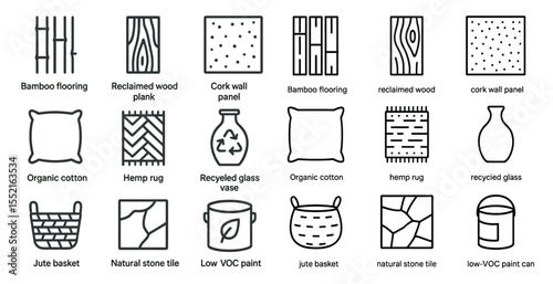 Eco-friendly materials outline icons set – line, linear, sustainable building symbols