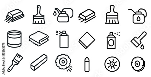 Cleaning tools outline icons set – linear, solid, housekeeping and maintenance symbols