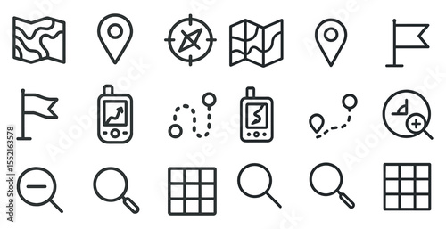 Navigation and maps outline icons set – linear, location, geolocation symbols