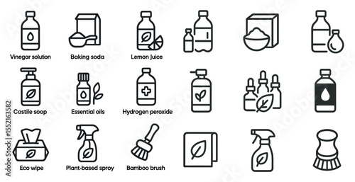 Home cleaning line icons set – outline, hygiene, eco-friendly solutions