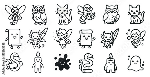 Fantasy and mythical line icons set – outline, linear, fairy tale and folklore symbols