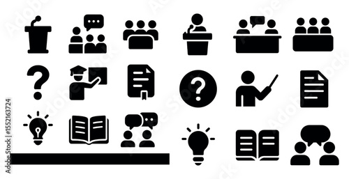 Education and presentation solid icons set – silhouette, lecture, learning symbols