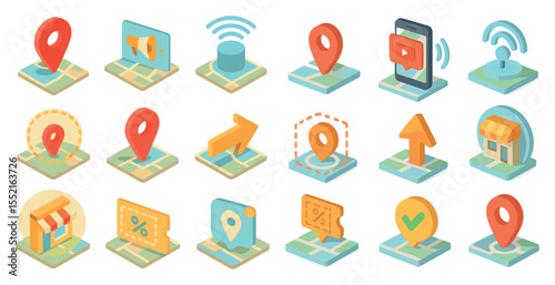 Navigation and location isometric icons set – map, gps, travel symbols