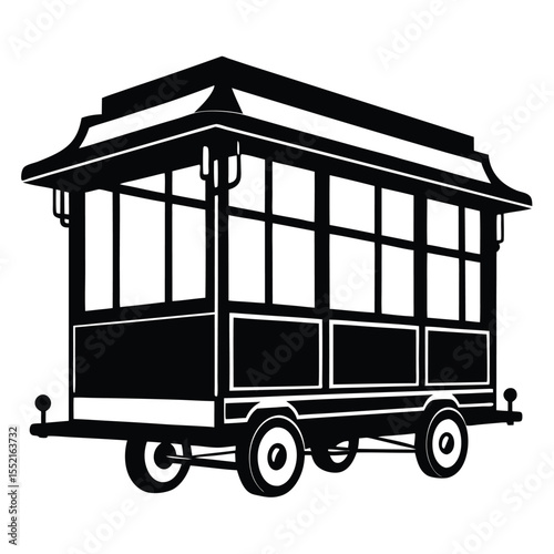Illustrated OldFashioned Trolley Car with Multiple Windows and Wheels, Simple Line Art Style