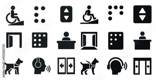 Accessibility and inclusion icons set – solid, silhouette, universal design symbols