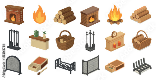 Fireplace and hearth isometric icons set – cozy, warm, interior decor symbols