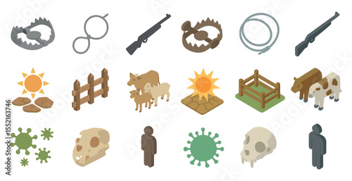 Farming and ranching isometric icons set – 3d, agricultural, countryside symbols