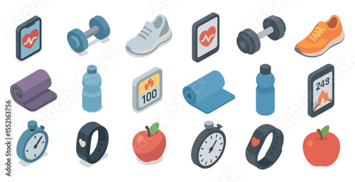 Fitness and health isometric icons set – workout, exercise, healthy living symbols