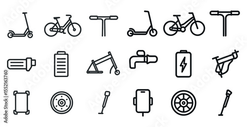 Urban mobility icons set – outline, line, bicycles and scooters graphic symbols