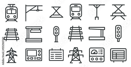 Railway linear icons set – outline, transportation, train travel symbols
