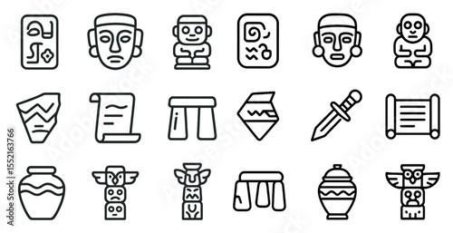 Ancient civilization line icons set – outline, historical, cultural artifacts symbols