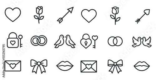 Love and romance outline icons set – linear, silhouette, romantic symbolism