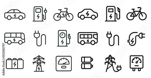 Electric vehicle line icons set – outline, charging, sustainable transport designs