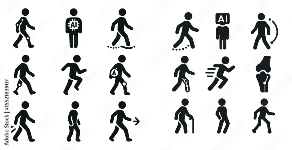 Naklejka premium Physical therapy silhouette icons set – exercise, rehab, recovery symbols