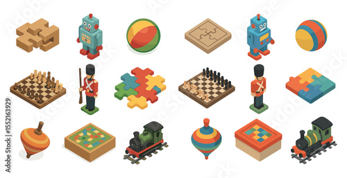 Games and toys isometric icons set – 3d, playful, puzzle and fun designs