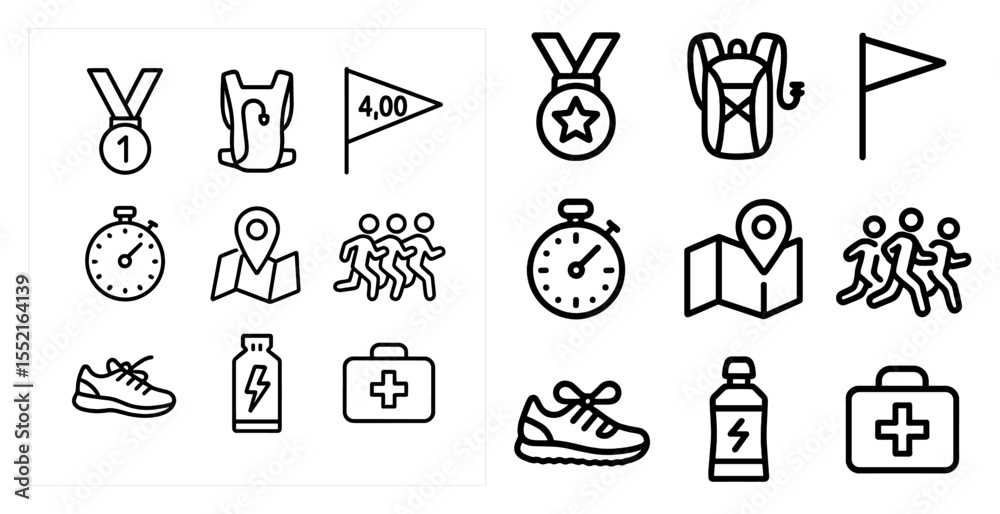 Fototapeta premium Fitness and activity outline icons set – linear, silhouette, exercise and outdoor symbols