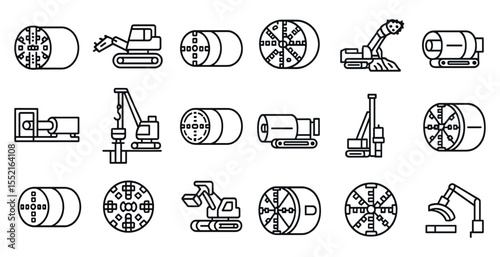 Construction outline icons set – line, linear, building and machinery symbols