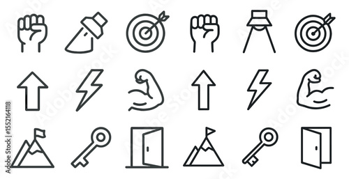 Fitness and motivation outline icons set – linear, flat, exercise and strength symbols