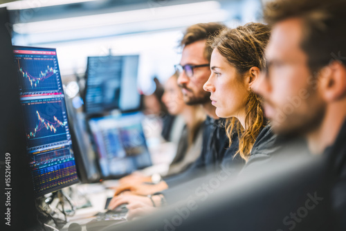 People analyzing stock market data on computer screens in a financial trading office