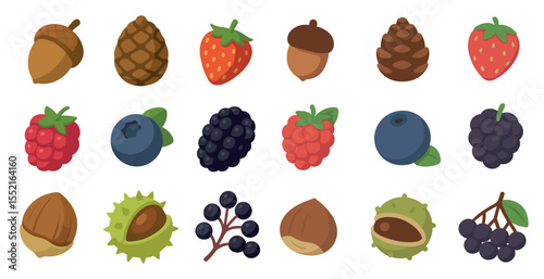 Nature and fruit icons set – flat, filled, berries and nuts graphics collection