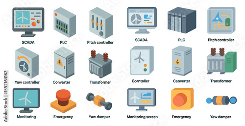Industrial technology 3d icons set – flat, filled, automation and control visuals