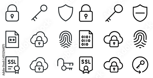Security and privacy outline icons set — linear, lock, protection symbols for web