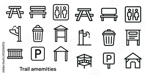 Trail amenities outline icons set – silhouette, linear, park and outdoor symbols