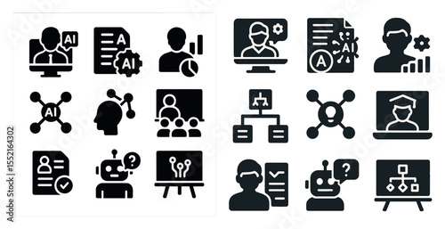 Artificial intelligence solid icons set – flat, filled, ai and tech symbols