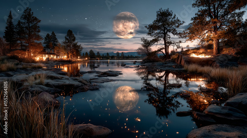 Cartoon night nature landscape full moon shining in sky with stars above field with pond, conifer trees and rocks. Dark heaven with moonlight romantic fantasy background, midnight twilight vector view