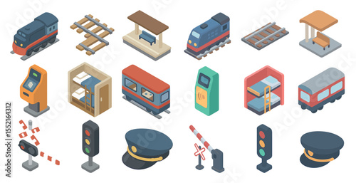Public transportation isometric icons set – trains, stations, travel essentials