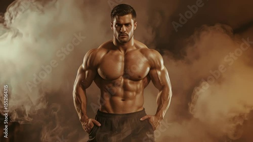A muscular athlete stands confidently in a cloud of smoke, showcasing a beautifully sculpted, powerful physique that reflects strength, dedication, and the intense discipline of physical training