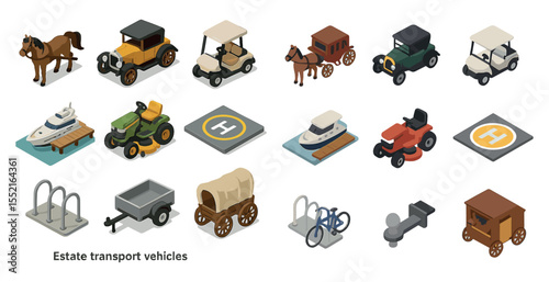 Estate transport vehicles icons set in isometric style – 3d, mobility symbols