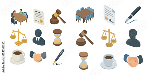 Business and office isometric icons set – paperwork, meetings, productivity symbols