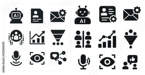 Artificial intelligence solid icons set – tech, ai, automation graphic symbols