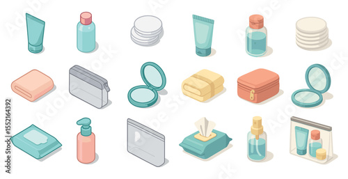 Personal care and hygiene icons set – isometric, filled, skincare essentials