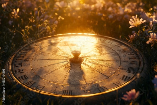 Sundial casting elongated shadows during golden hour light