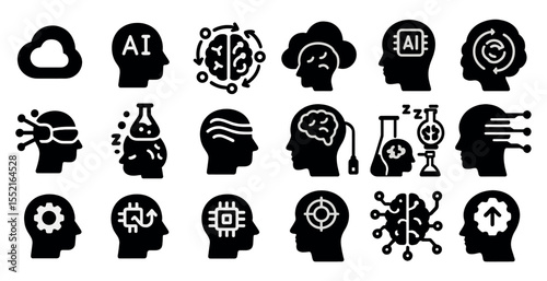 Artificial intelligence solid icons set – brain, tech, neural network visuals