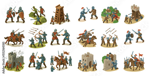 Medieval warfare isometric icons set – battle, knights, historic combat symbols
