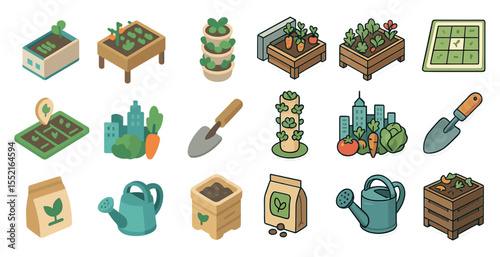 Gardening and urban farming icons set – filled, flat, horticulture symbols for sustainability