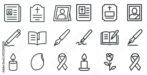 Funeral and memorial outline icons set – tribute, remembrance, memorial symbols