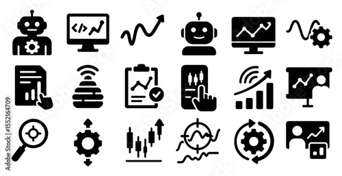 Business and technology silhouette icons set – solid, digital, corporate symbols