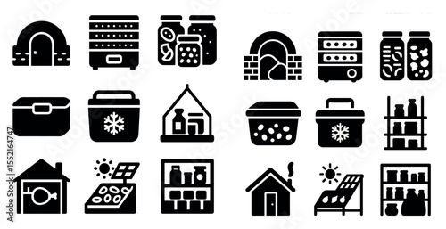Food and kitchen solid icons set – filled, culinary, household storage symbols