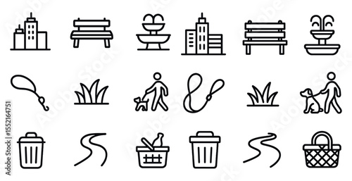 Urban park outline icons set – silhouette, linear, outdoor and recreation symbols
