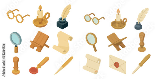 Vintage writing tools isometric icons set – 3d, antique, stationery symbols