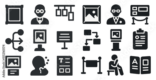 Gallery and museum solid icons set – flat, artistic, exhibition and curation symbols