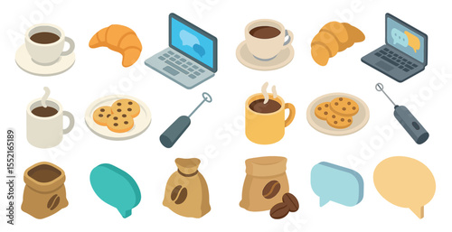 Coffee and cafe isometric icons set – 3d, beverage, bakery symbols for cafes
