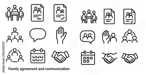 Family agreement icon set – outline, linear, communication and interaction symbols